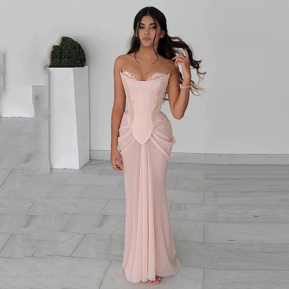 Handmade Draped Blush Pink Evening Dress Nude Chiffon Sheer Mesh Corset High Slit Crystal Lace Wedding Prom Customized Gown