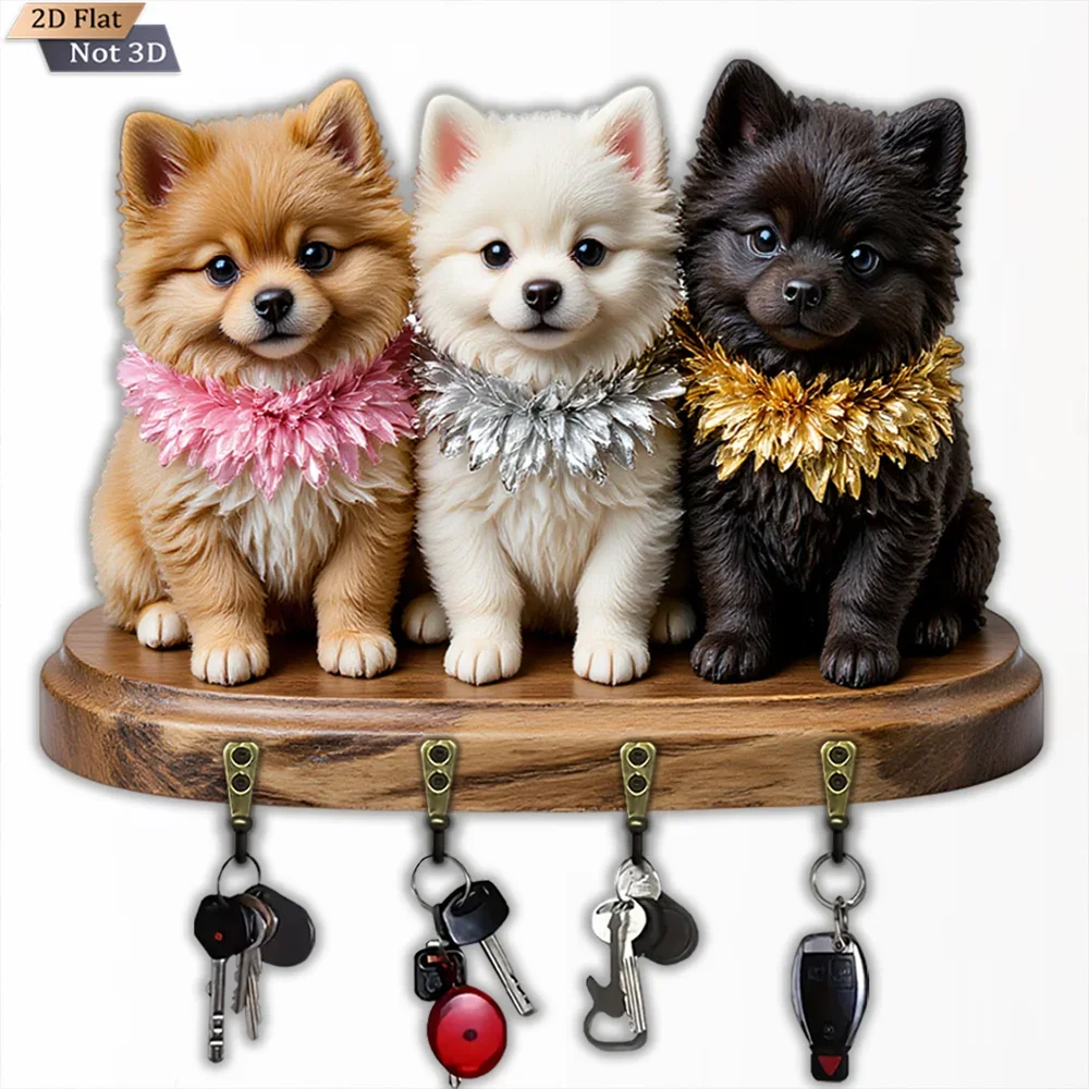 2D Flat, 1pc, 3 Little Dogs Shaped Key Hook, Wooden Multifunctional Home Key Hook, with Four Metal Hooks, Wall Decoration,