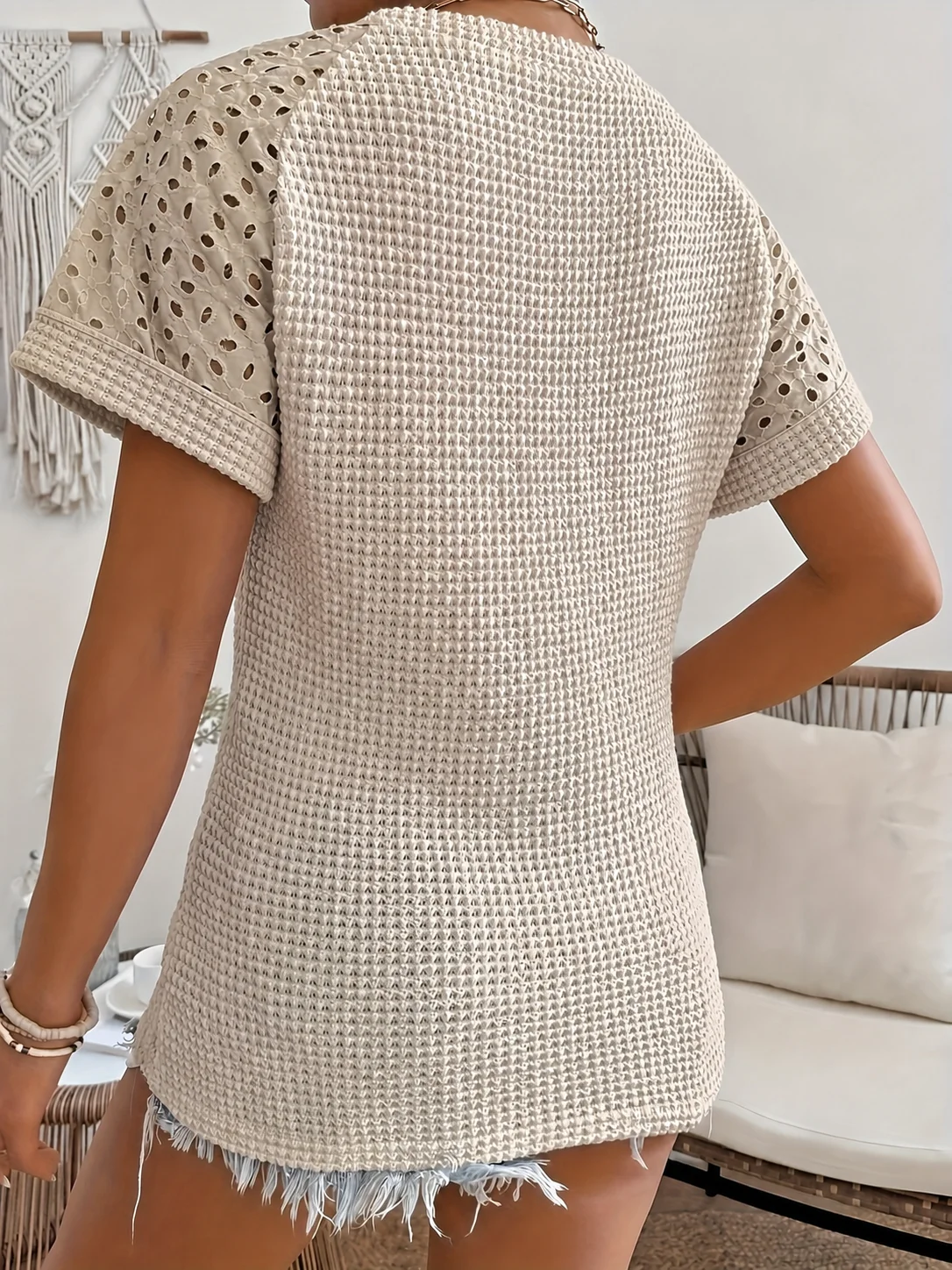 Ladies Beige Knitted Top with Hollow out Crochet Short Sleeve Summer T-Shirt with Eyelet Belt Detail Casual Chic Shirt