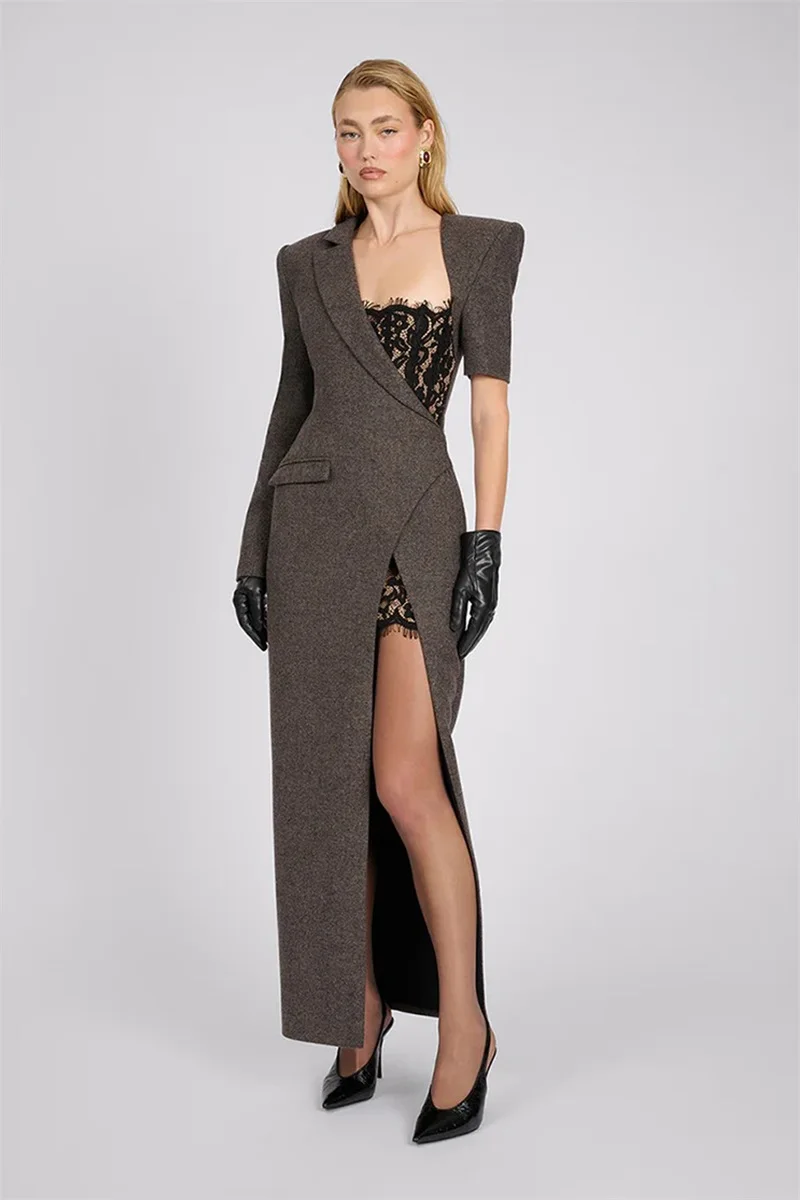 Dark Grey Black Lace Women Suit Skirt Sexy Side Split Long Sheath Blazer Formal Office Lady Wedding Birthday Coat Jacket