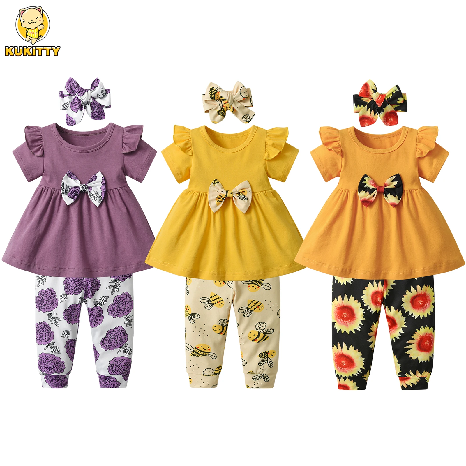 0-2Years Baby Girl Cute Clothes Set Short Sleeve T-shirt with Bow and Bee Printed Pants Headband 3pcs Summer Outfit for Toddlers