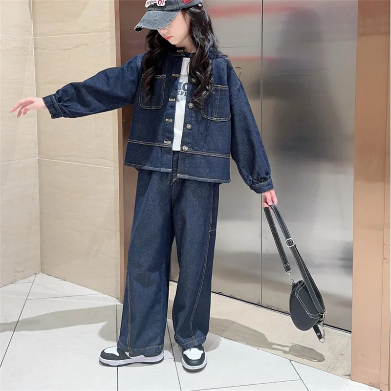 

Child Casual Vintage Dark Blue Jeans and Jacket Set Clothes for Kids Girls Classic Denim Jacket and Jeans Pants Clothing Set