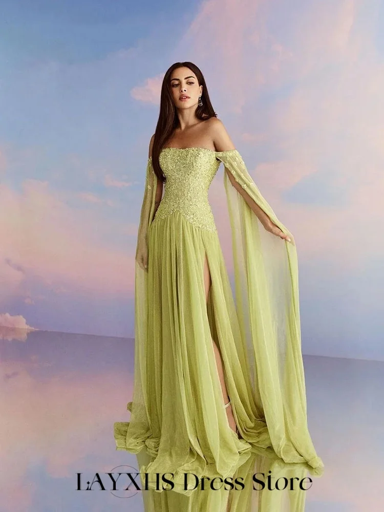 LAYXHS 絶妙なグリーンフォーマルイブニングドレスオフショルダーレースアップリケAラインサイドスリットプロムドレスカスタマイズされた فساتين سهر