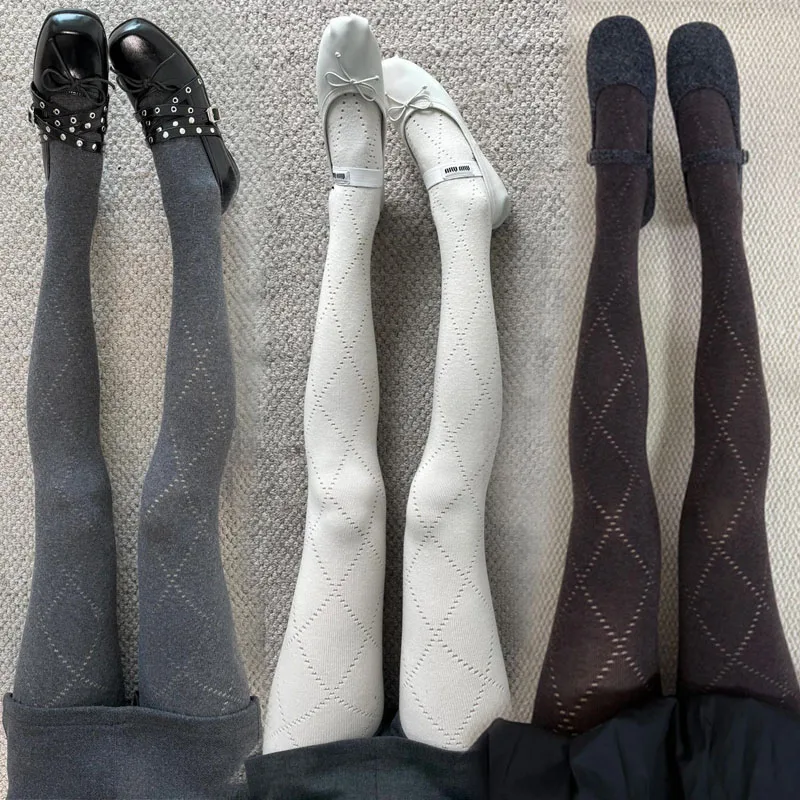 Collant lavorato a maglia jacquard retrò Autunno Inverno Collant basic rombico Calze sottili elastiche alte Leggings termici da donna caldi