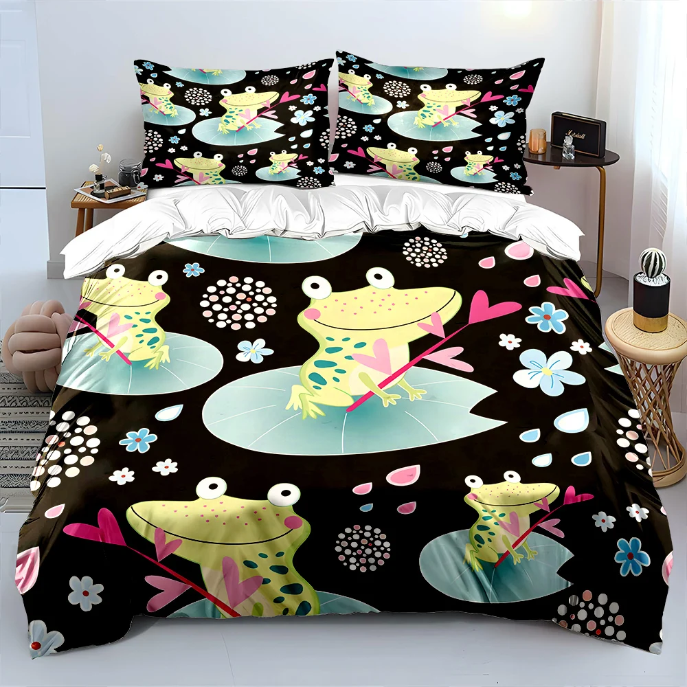 Cartoon frogs on lily pads Bedding Set for Kids Luxury Gift 3pcs Digital Print Comforter Set Soft Comfortable Breathable