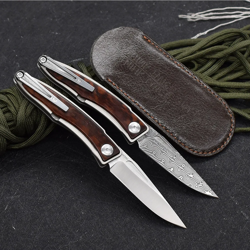 Damascus / M390 Steel Snakewood Handle Folding Knife Mini Sharp Outdoor Pocket Self Defense Knife Paring Knife leather case EDC