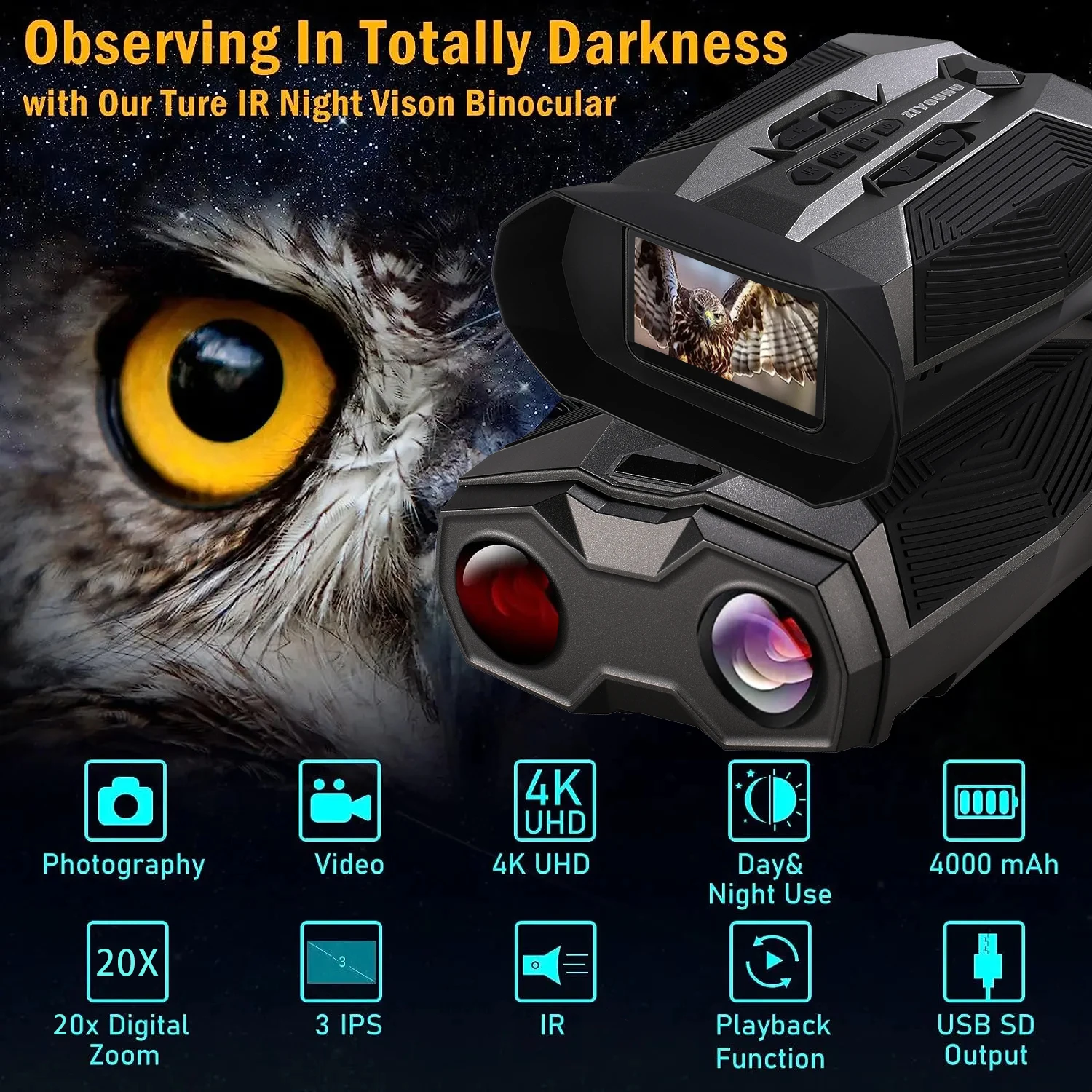 New 20X Digital Zoom HD Binoculars Infrared & Full Color Night Vision 4K Photo 1080P Video Camera for Hunting Observation LK-300