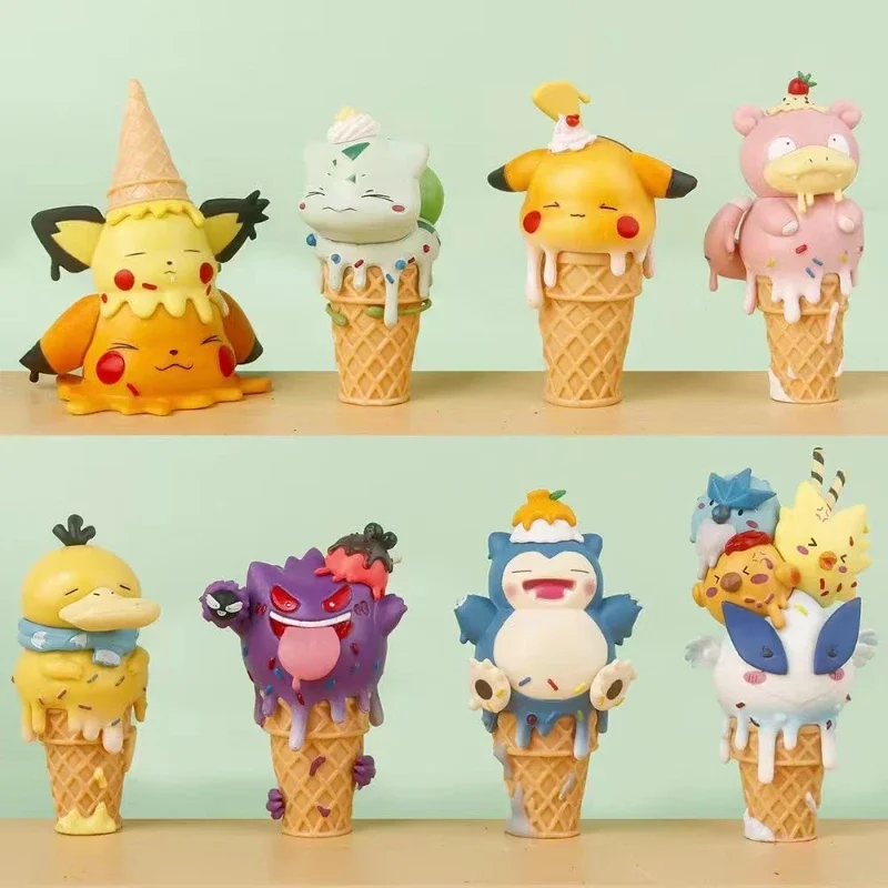 Anime Cartoon Pokémon Ice Cream Series Hand Figure Cone Cute Pikachu Doll Model Psyduck Desktop Ornament Children's Toy Gifts