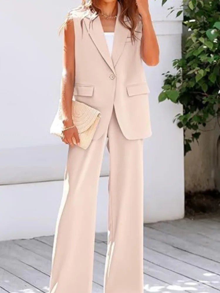 ผู้หญิงที่สง่างามชุดสองชิ้นชุดเสื้อกั๊กกางเกงชุดฤดูร้อนใหม่คอวีแขนกุดเสื้อสูท + กางเกงขากว้างชุดชุดหญิง