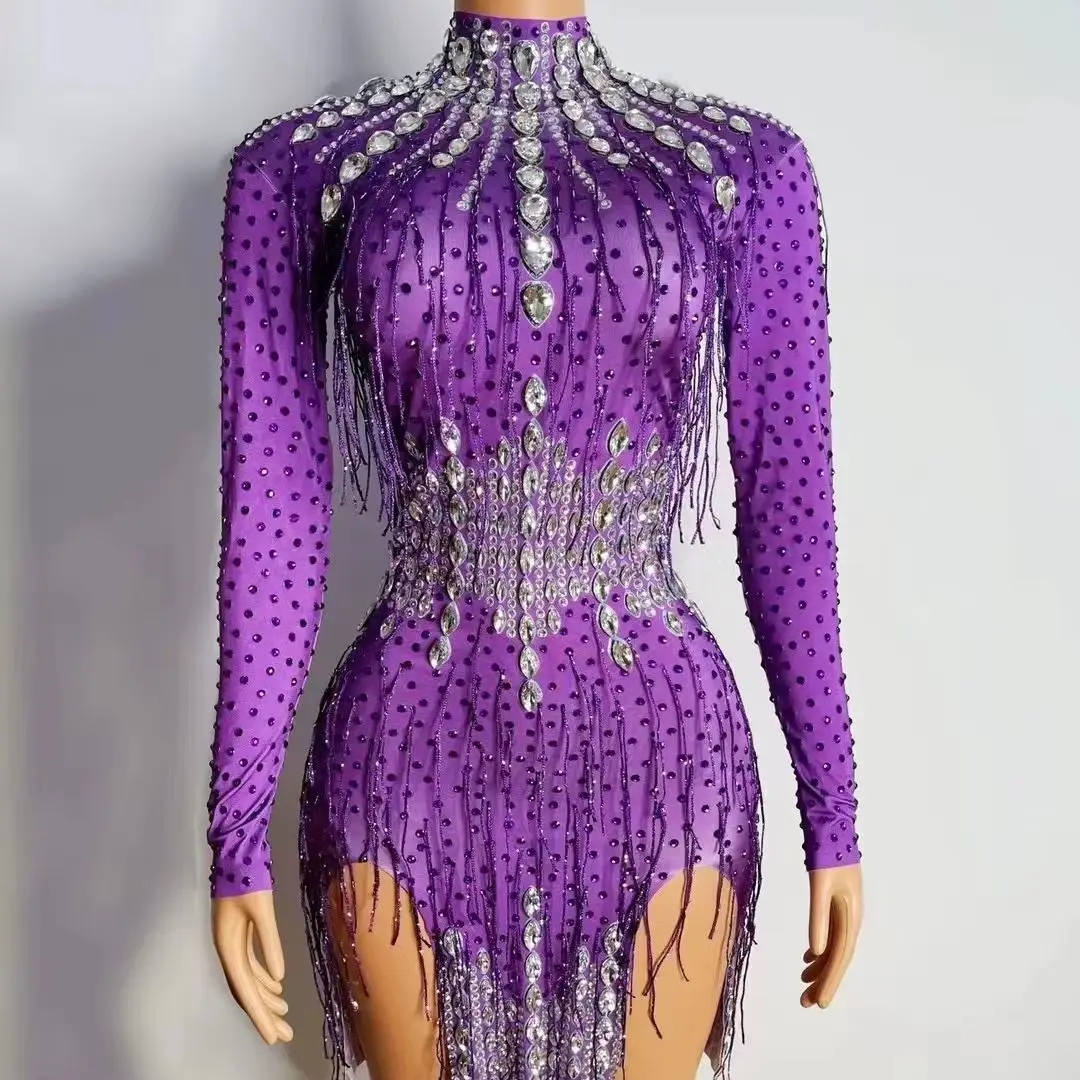 

Shining Rhinestone Tassel Prom Dress Purple Sexy Women's Party Crystal Fringes Stage Wear Dancer Celebration Gown