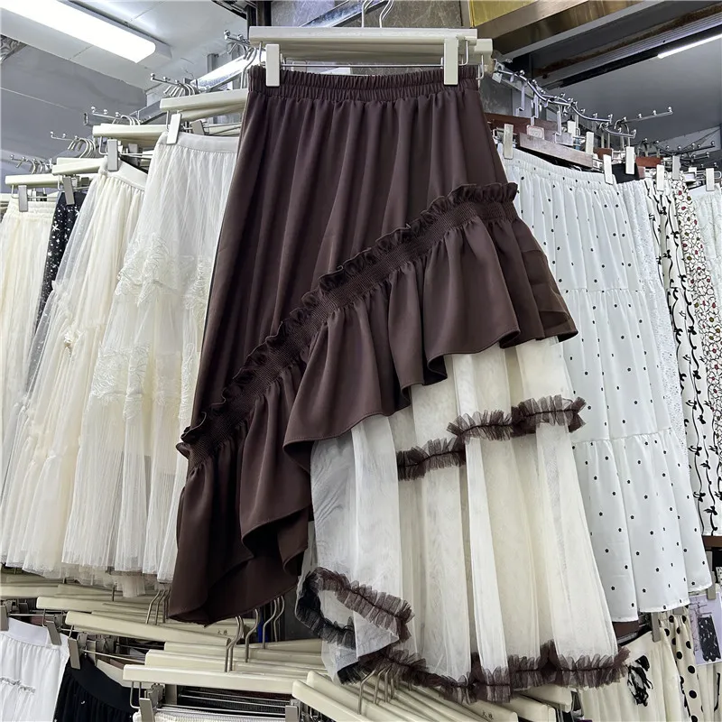 

SuperAen A-line Skirt Asymmetrical Mesh Ruffles Patchwork for Women Spring and Summer 2025 New Fashion Loose Skirts