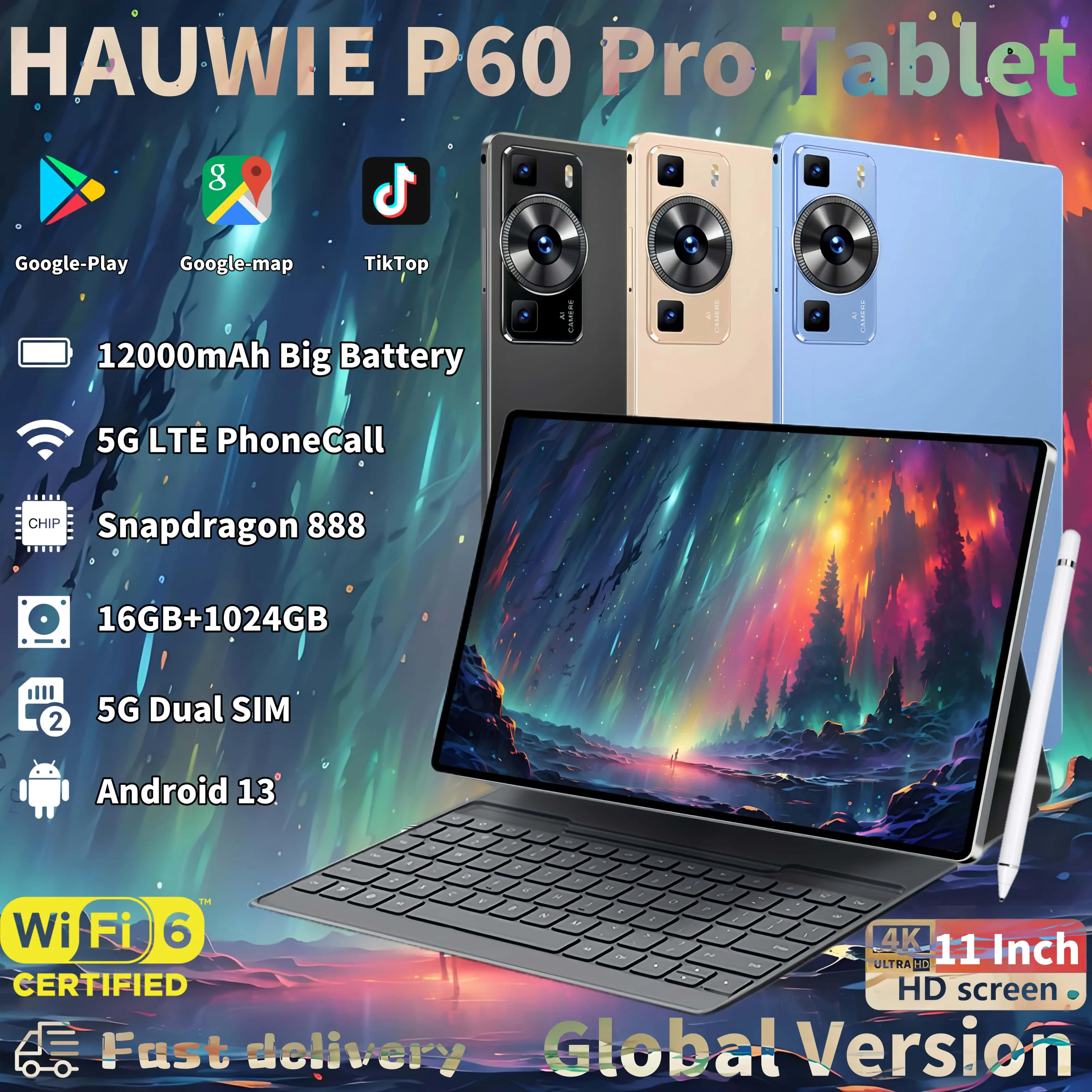 2024 New Original HAUWIE P60 Pro 12000mAh Android 13 Tablets  Snapdragon 888 16GB+1T 11Inch 5G Dual SIM PhoneCall WiFi Tablet PC