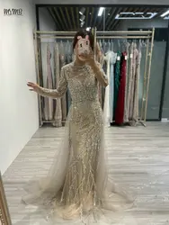 MYMB Champagne Elegant Scoop Neck Mermaid Formal Occasion Dresses Muslim Stunning Beaded Long Sleeve Tulle Evening Gown DDS067-2