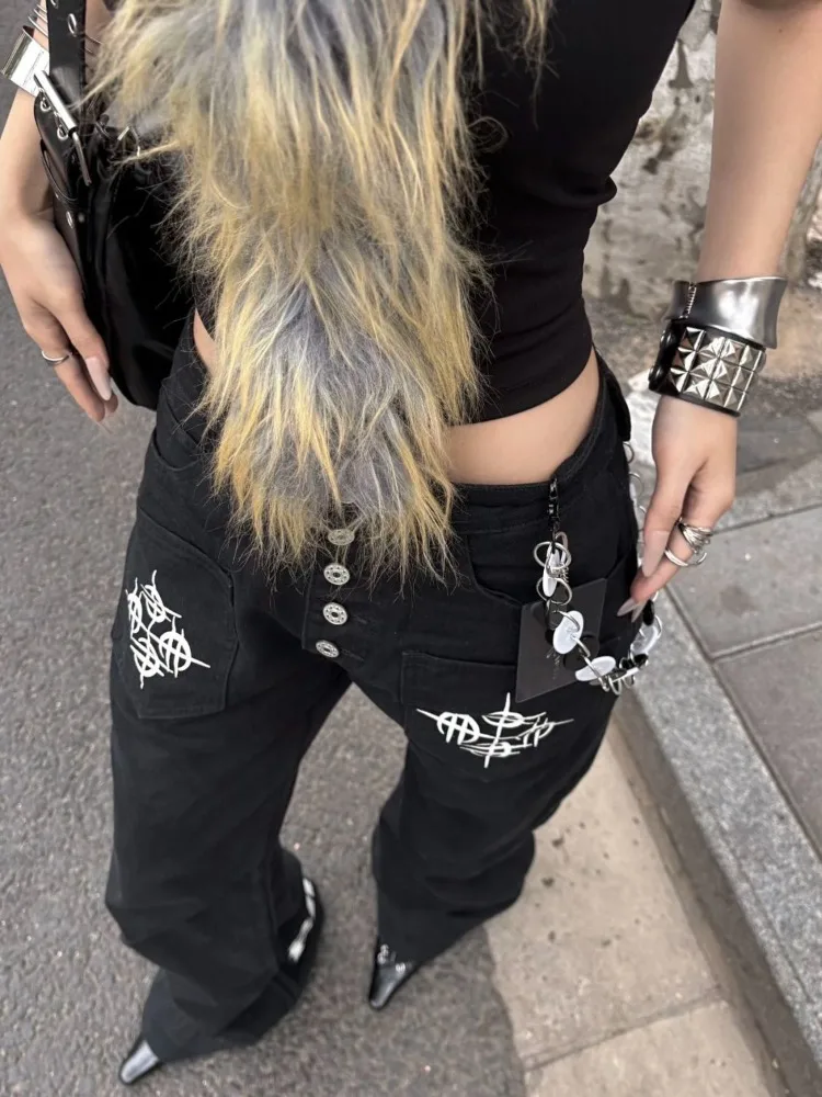 Y2k American Vintage Full Length Jeans Women Casual Streetwear Print 2000s Buttons Distressed Pants Retro Mid-Waist 2025 Autumn