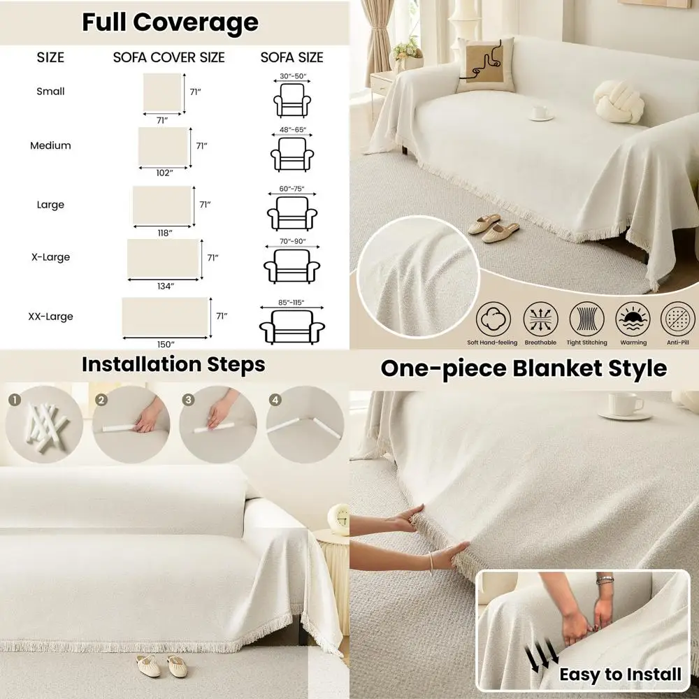 

Khaki Water-Resistant Boho Sofa Cover, 1-Piece Chenille Sectional Couch Slipcover, 71x134 for Furniture Protection