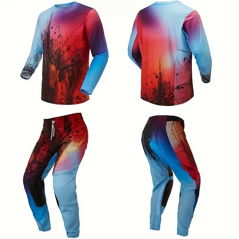 Colorful gradient graffiti speed reduction riding two-piece set, breathable speed control off-road motorcycle riding pants