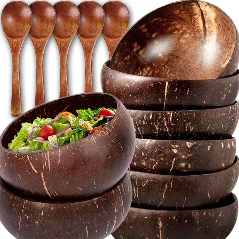 Women 12-15cm Natural Coconut Bowl Dinner Set Handmade Wooden Tableware Wood Spoon Dessert Fruit Salad Mixing Rice Ramen Bowl