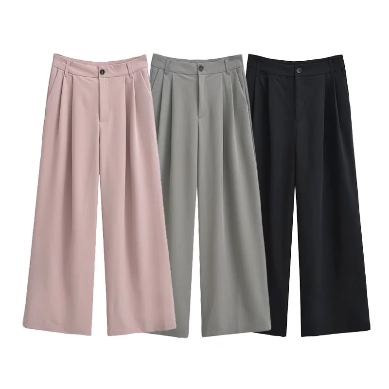 TRAF Long Pants Trousers Women 2024 Spring Summer Autumn Elegant Office Baggy Pants Ladies Fashion Casual Pink Grey Black Pants