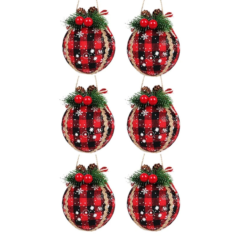 9PCS Christmas Decor 3.15Inch Christmas Check Fabric Wrapped Balls Pendants For Christmas Decor A