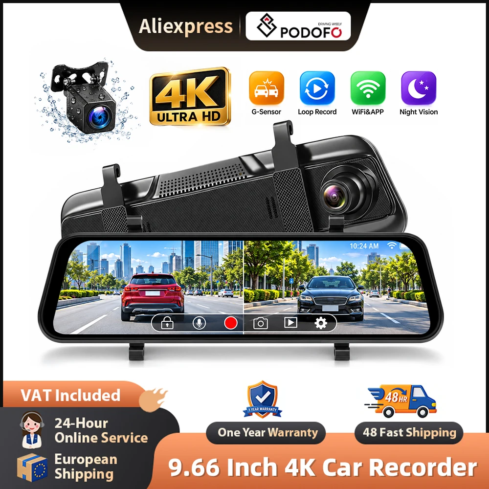 Podofo, dash cam per auto 4K da 9,66 pollici, con telecamere interne sinistra e destra e telecamera posteriore 1080P, videoregistratore per auto con visione notturna, monitoraggio parcheggio,