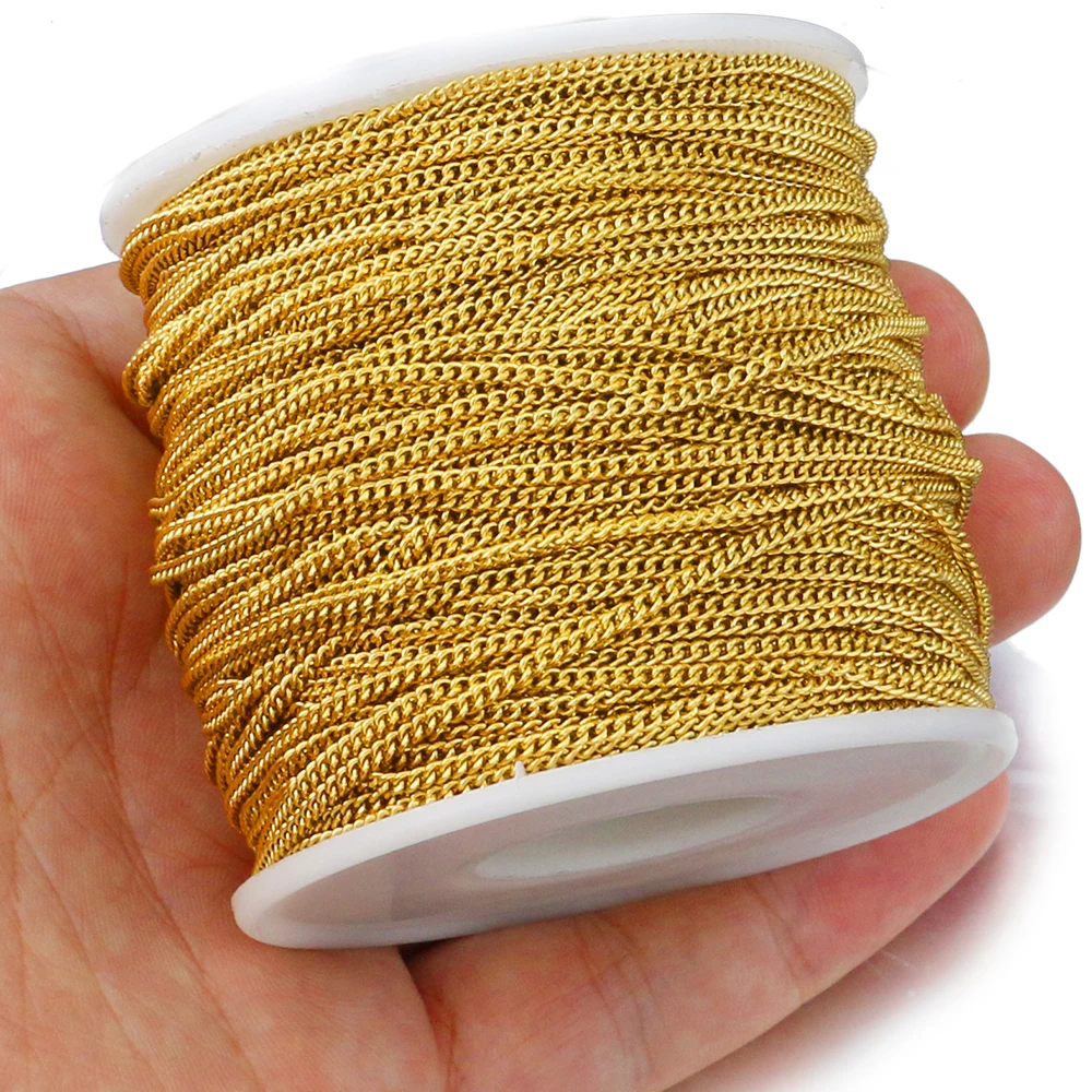 2M Lot 2mm Wide Stainless Steel Curb NK Gold Chains for Jewelry Making Supplies Link Roll Chain Wholesale Items for Business