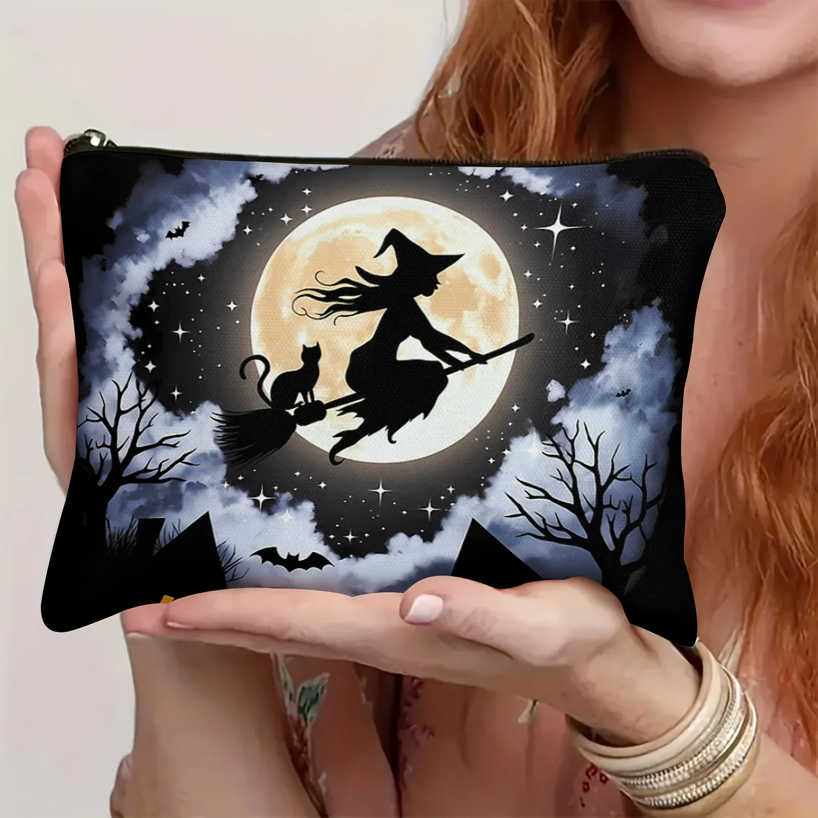 Enchanted Forest Witch and Cat Full Moon Cosmetic Bag Spooky Halloween Themed Makeup Pouch with Bats Stars and Full Moon Design