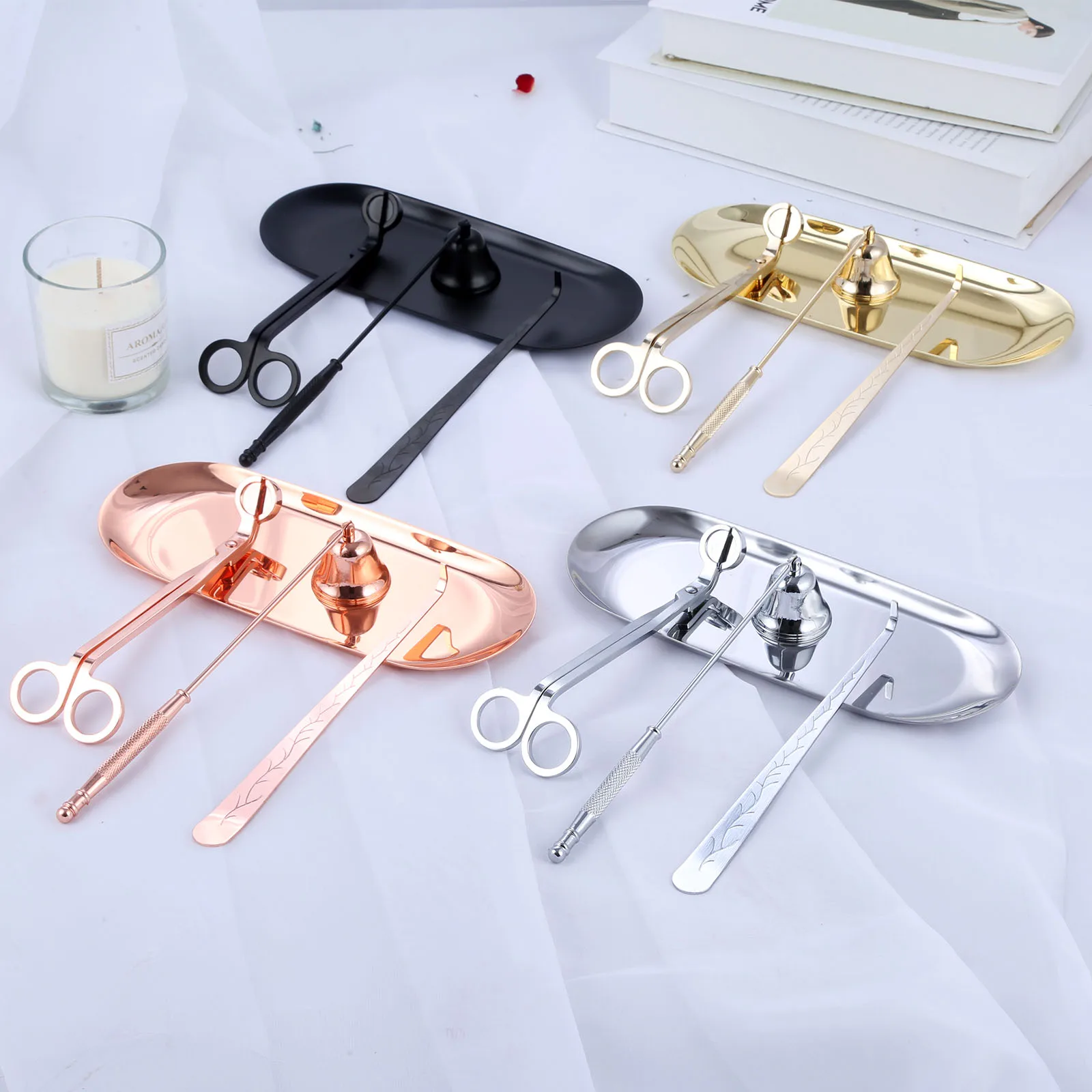 4pcs/kit Candle Bell Snuffer wick Trimmer Hook Tray Dipper Candle scissors Accessory Stainless Steel Extinguisher Flame Decor