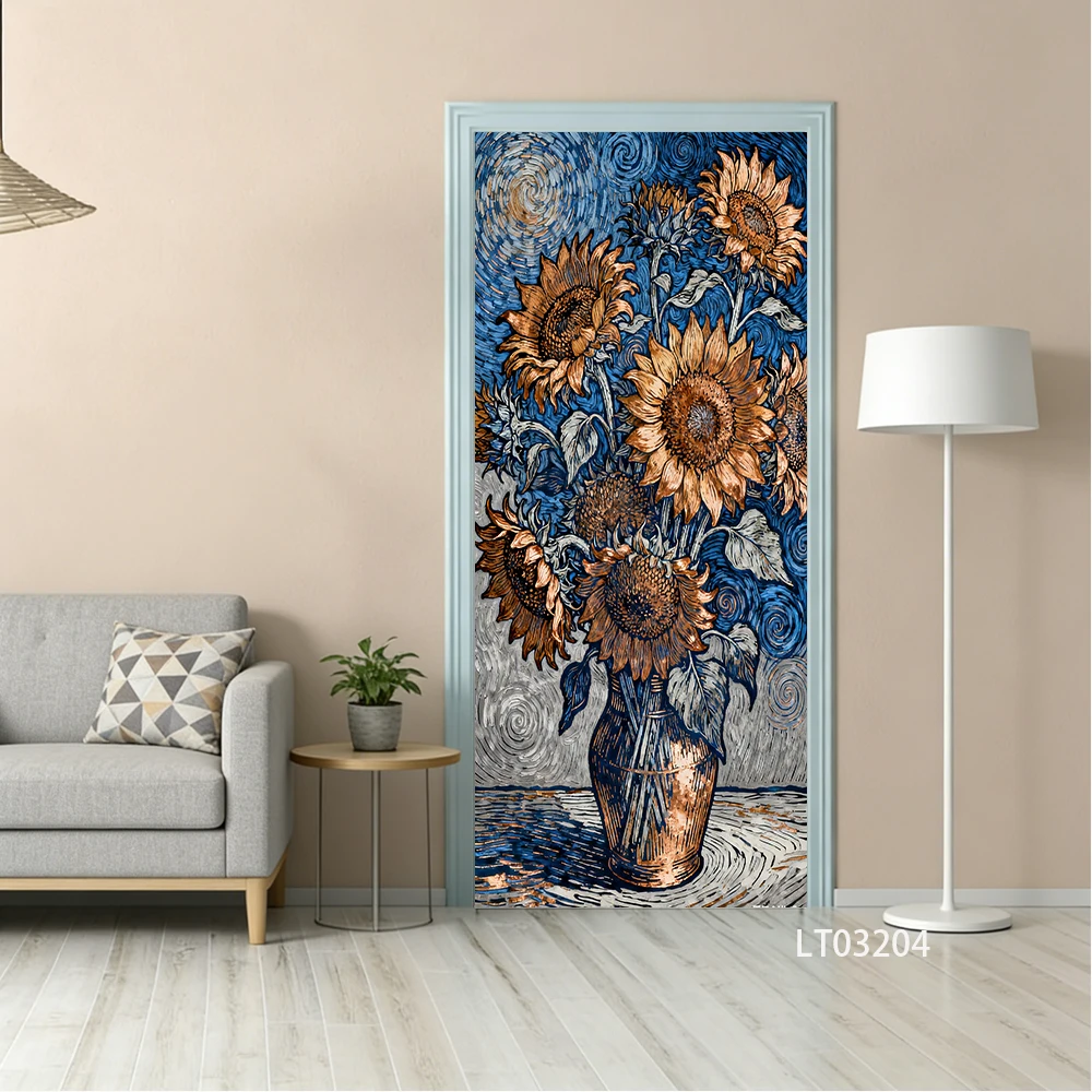Watercolor Floral Door Sticker, Removable Peel and Stick Wallpaper, Blooming Rose & Wildflower Mural for Home Decor