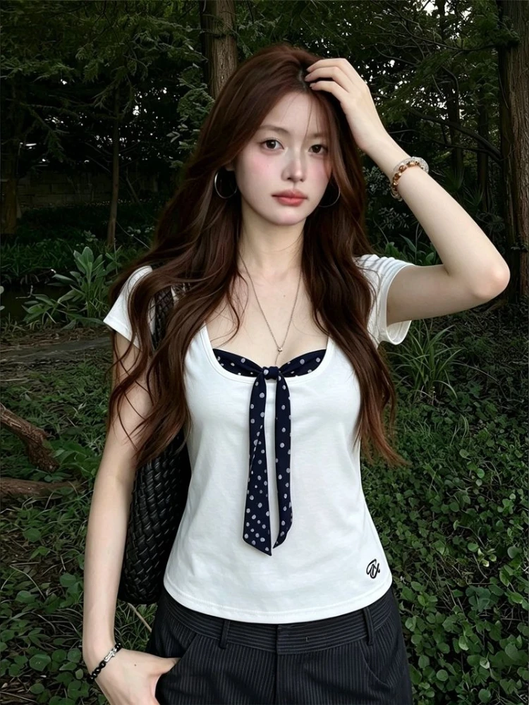 Korean Style White T-shirts Women Sweet Polka Dot Patchwork Tees False Two-piece Kawaii Fashion Short Sleeve T-shirts