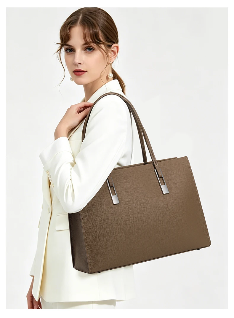 Multi-Pocket-Tasche aus Rindsleder mit großem Fassungsvermögen, minimalistische Damen-Umhängetasche mit Litschi-Textur für Büro, Arbeit, Reisen – Detail 1