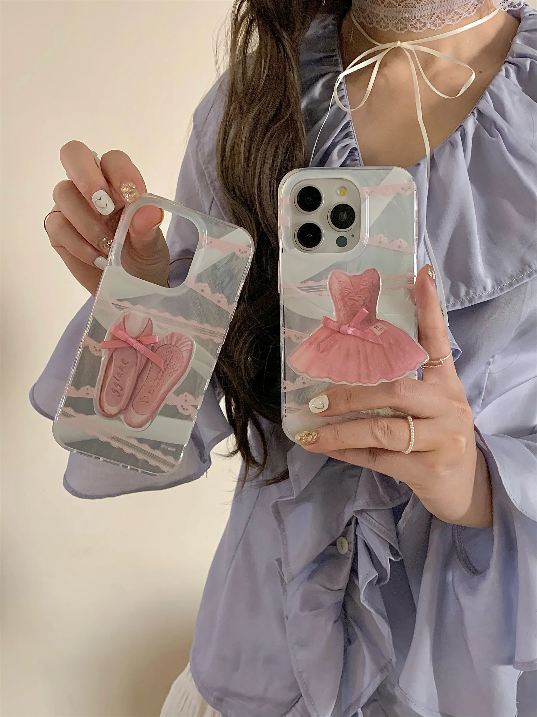 

Lace Korean Luxury Reflective Skirt Short Holder Socket Convent Case for iPhone 15 14 13 12 Pro Max Back Cover for Girl Gift