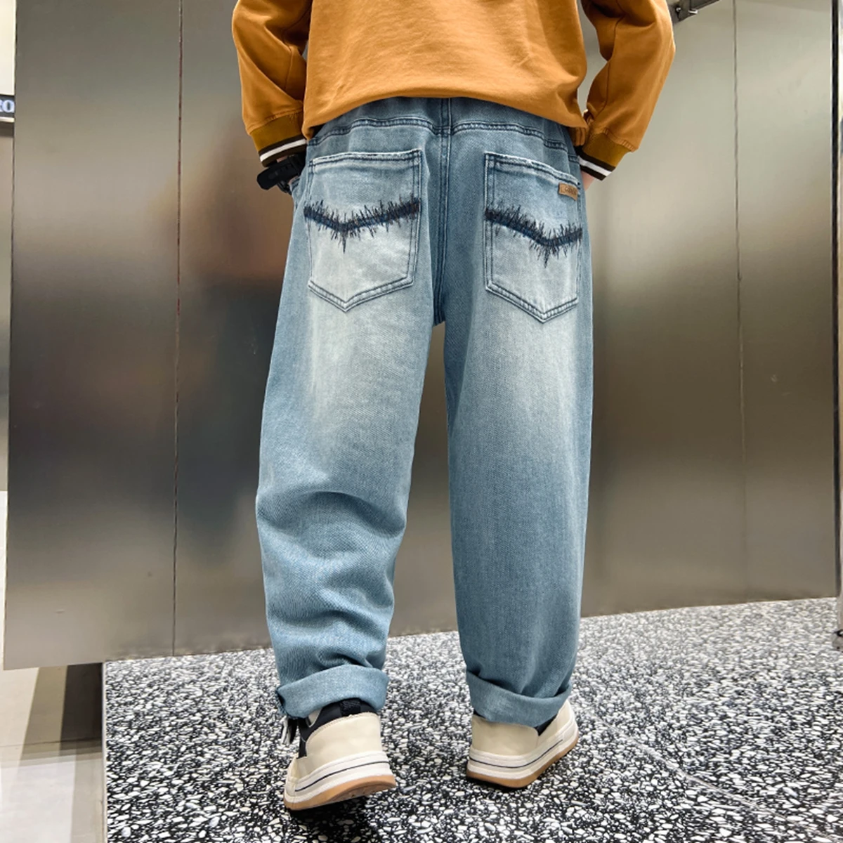 Boys Teen Embroidered Denim Jeans Retro Long Trousers Spring Autumn Simple Style Korean Version Cotton Blend Kids Clothing - view 3