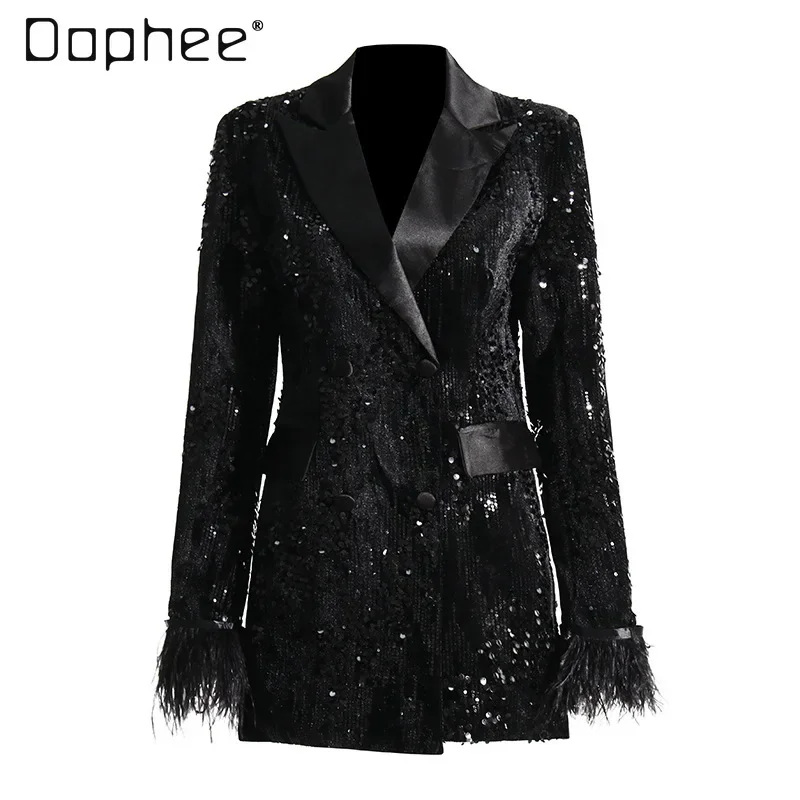 

Elegant Fashion Sequined Tailored Coat Women Lapel Pockets Long Sleeve Tassels Suit Jackets Perform Stage Black Spring Autumn