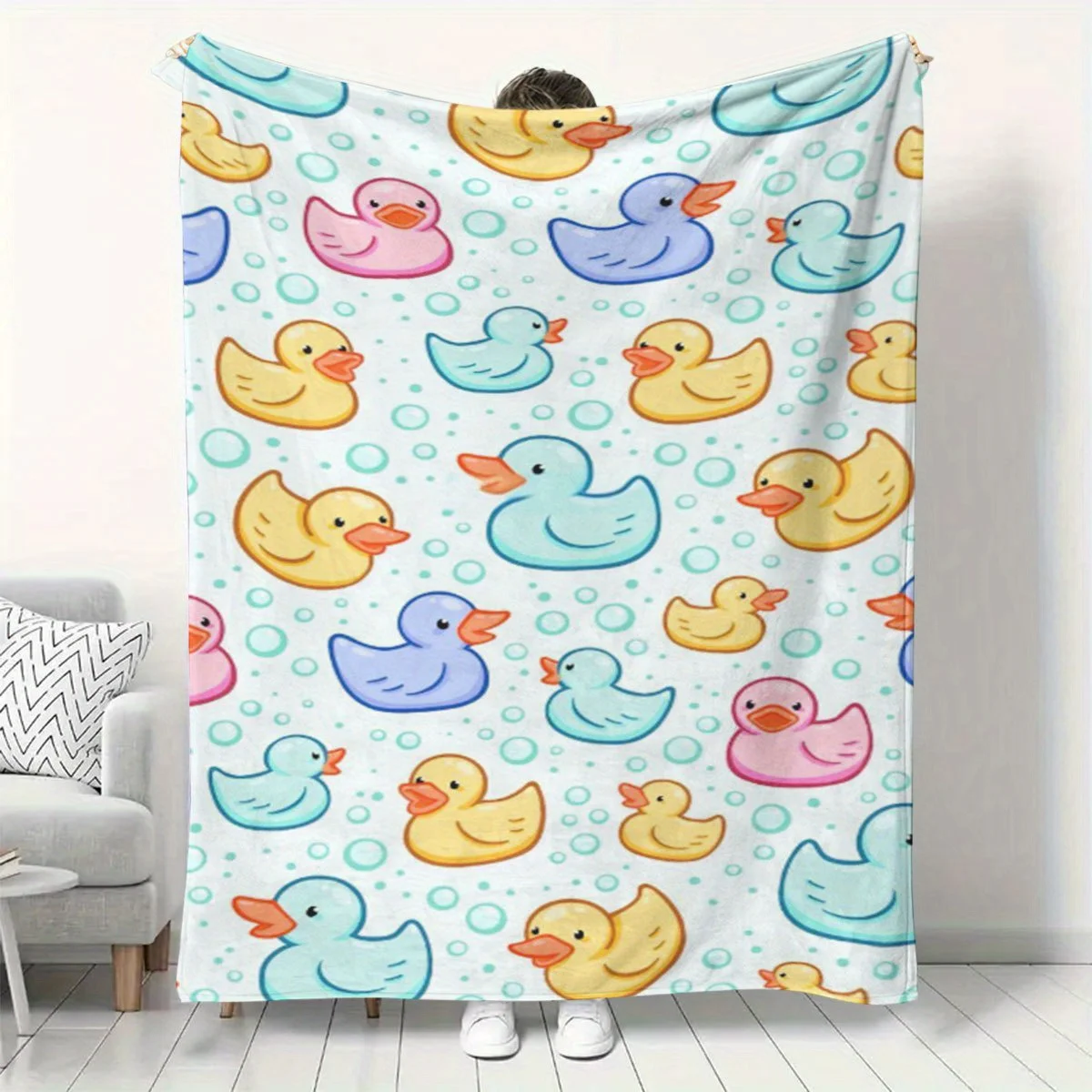Kids Rubber Duck Throw Blanket Lovely Ducky Bubble Background Art Print Soft Flannel for Kids Room Sofa Lap Cozy Baby Decor Gift
