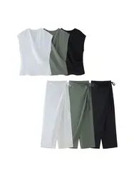 2024 Woman Trouser Set Solid V-Neck Sleeveless Shirt Top + High Waist Chic Lace Up Women's Wide Leg Long Pant Streetwear