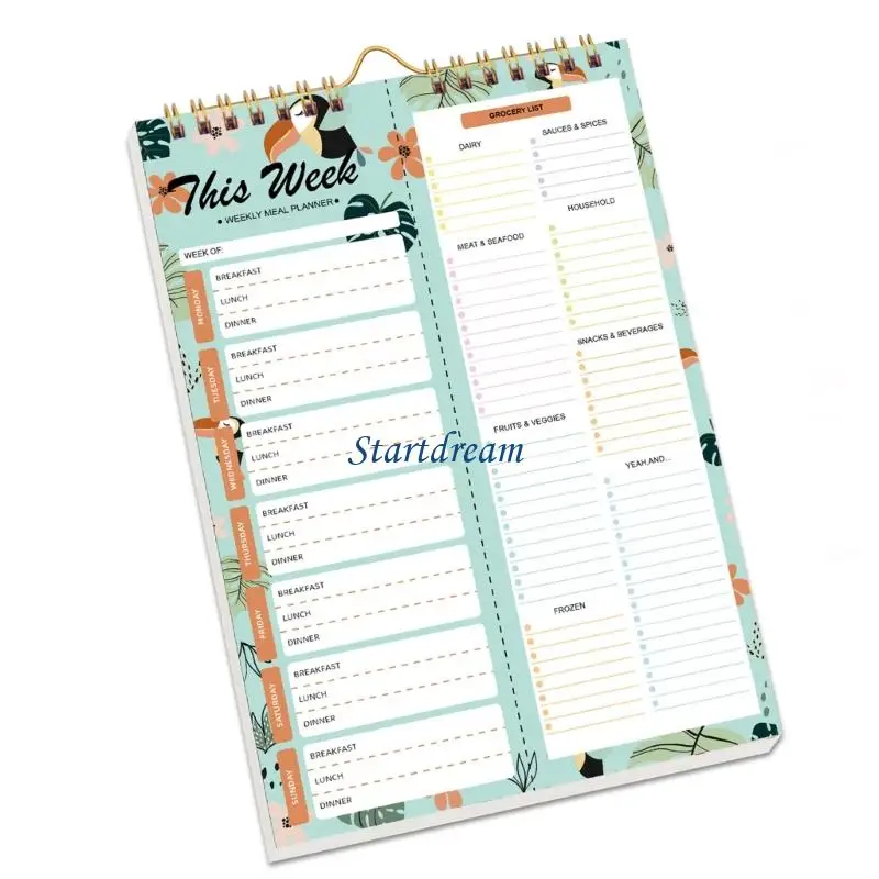 Carnet planification repas hebdomadaire K92C, avec listes d'épicerie déchirables reliure à spirales solides, pour