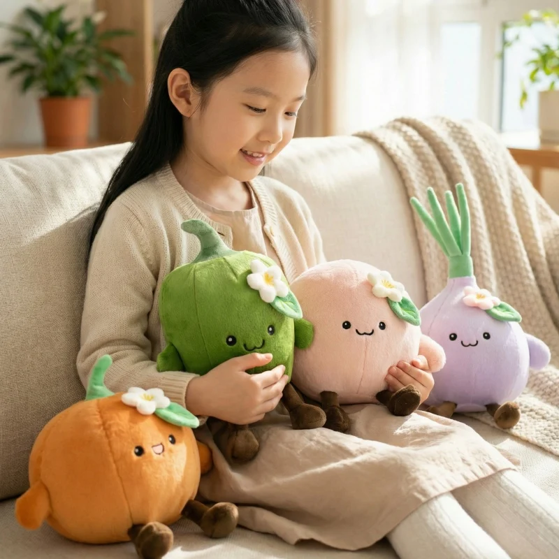 かわいいフルーツをテーマにしたぬいぐるみ、かわいい野菜のぬいぐるみ、家の装飾用枕、桃、玉ねぎ、ピーマン、カボチャの漫画デザイン