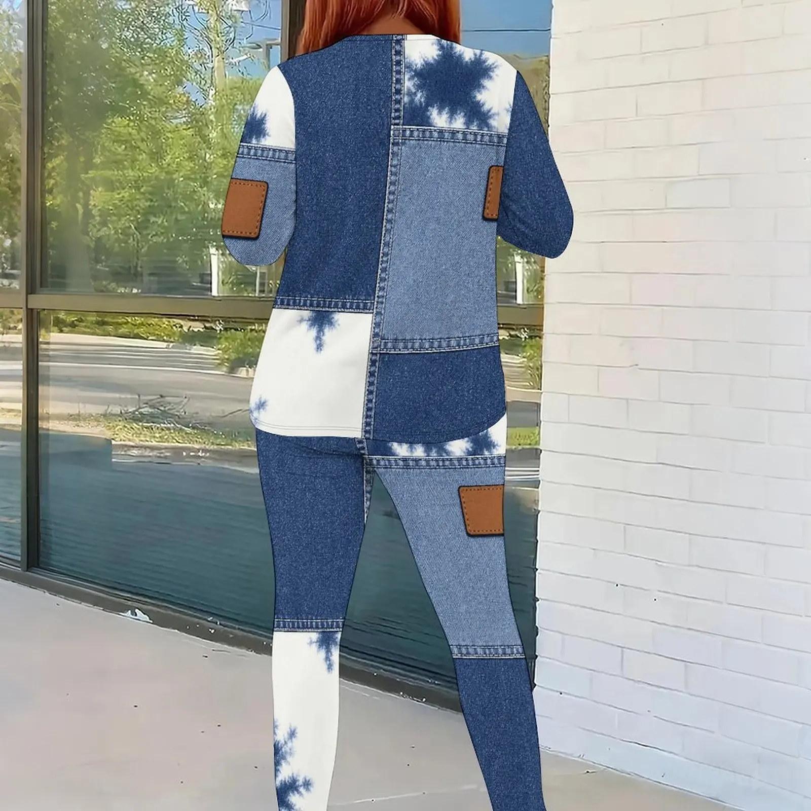 Women Denim Patchwork Tie Dye Printed Round Neck Long Sleeve Top And Fitted Pants Two Piece Set