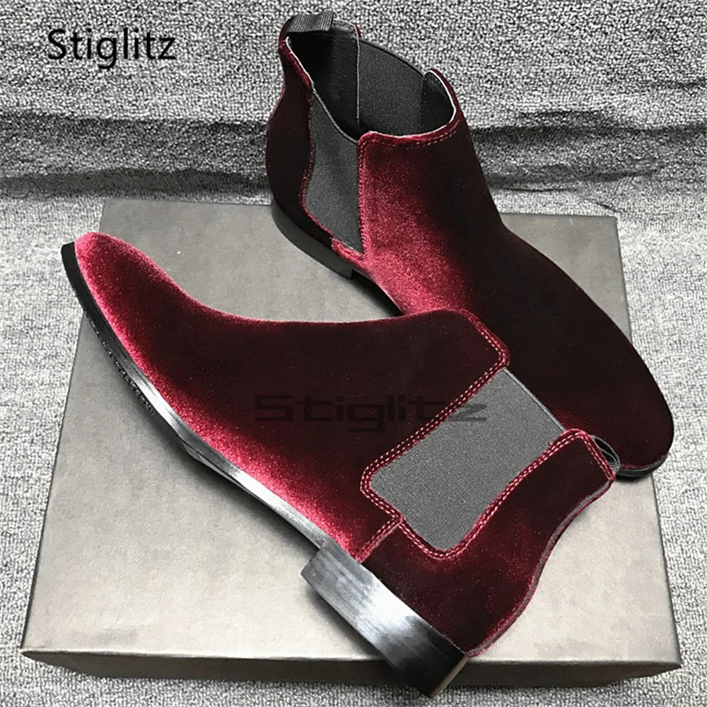 

Men's Wine Red Velvet Chelsea Boots Pointed Toe Elastic Band Slip On Low Heel Ankle Boots British Style Banquet Wedding Shoes