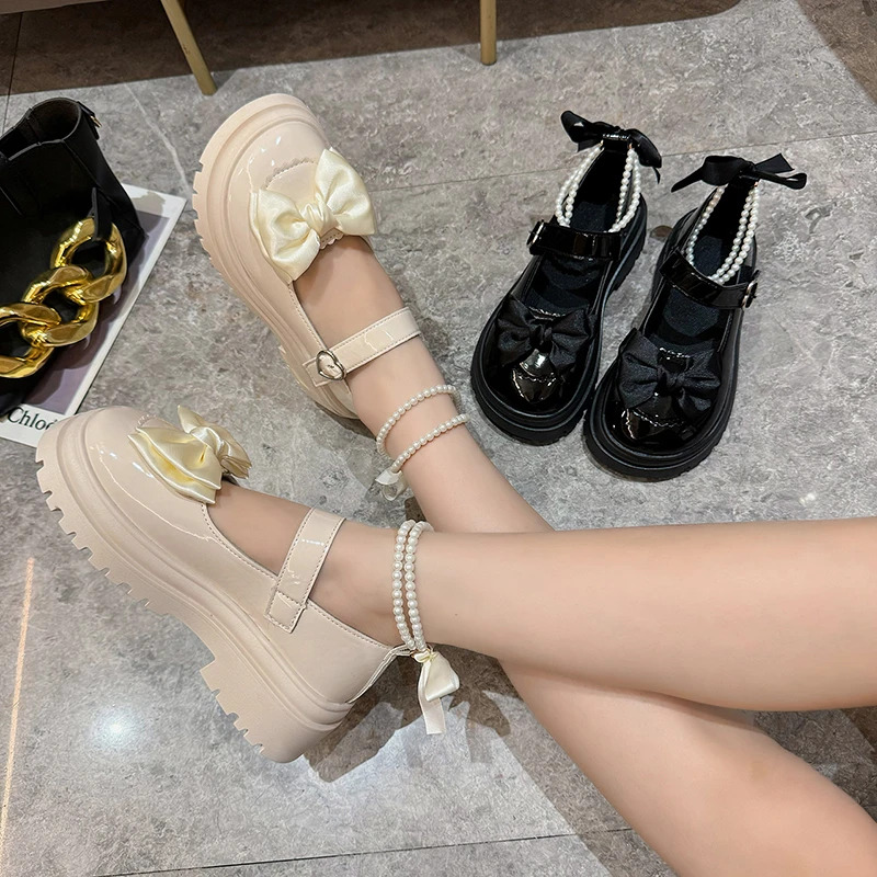 Pearl Little Leather Shoes Spring New Mary Jane Shoes 2024 Thick Heels High Heels Single Shoes Thick Sole with Skirt Round Toe