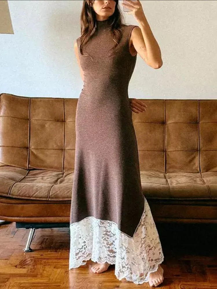 

Ticketsx Fashion High Neck Lace Dress New Contrast Patchwork Sleeveless Women Long Dress Elegant Vintage Street Commuter Dresses