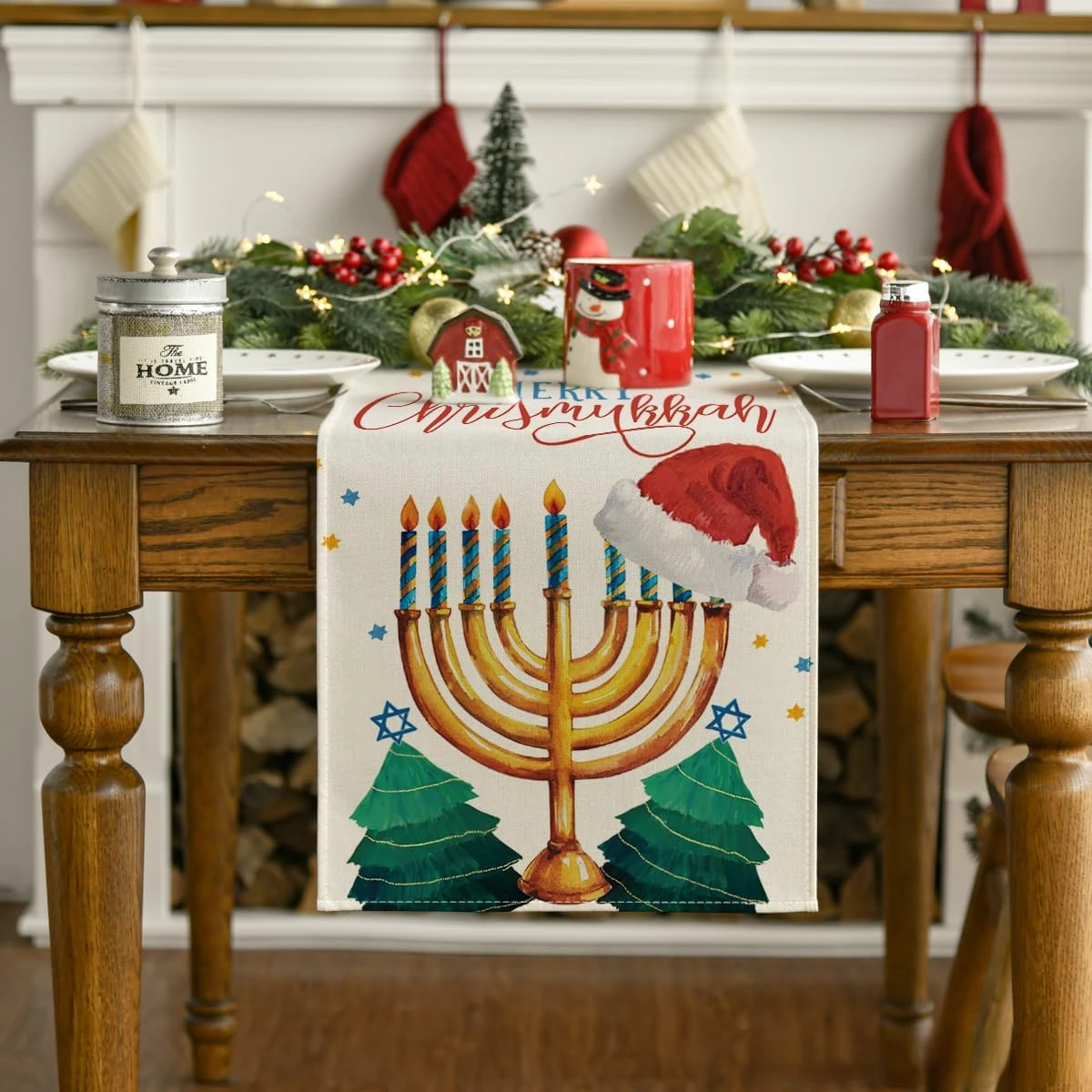 Hanukkah Hat Pine Menorah Linen Table Runner Dresser Scarf Decor Winter Xmas Kitchen Dining Table Runner Hanukkah Decorations