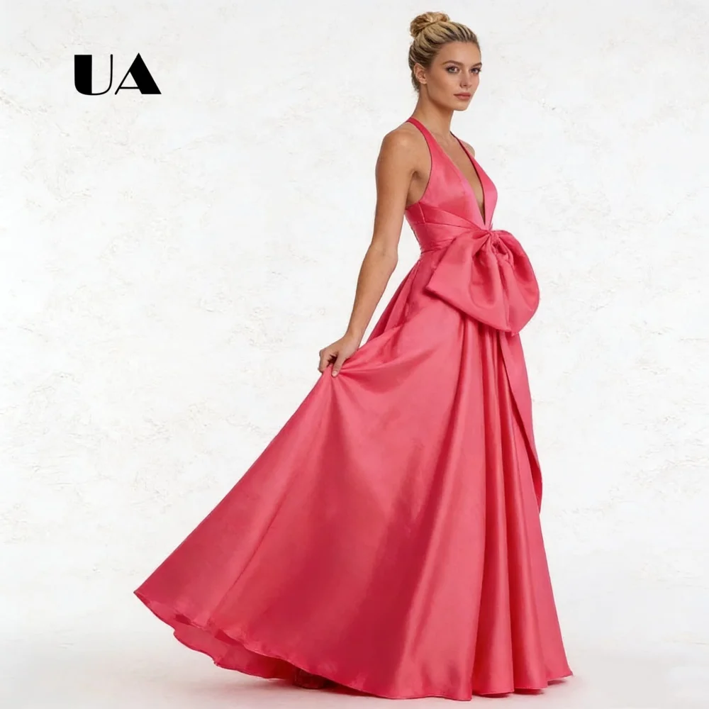 

Simple Satin V-neck Halter Prom Dress, Solid Customized Evening Dresses for Women, Modern Sleeveless Ball Gown with Hot Pink Bow