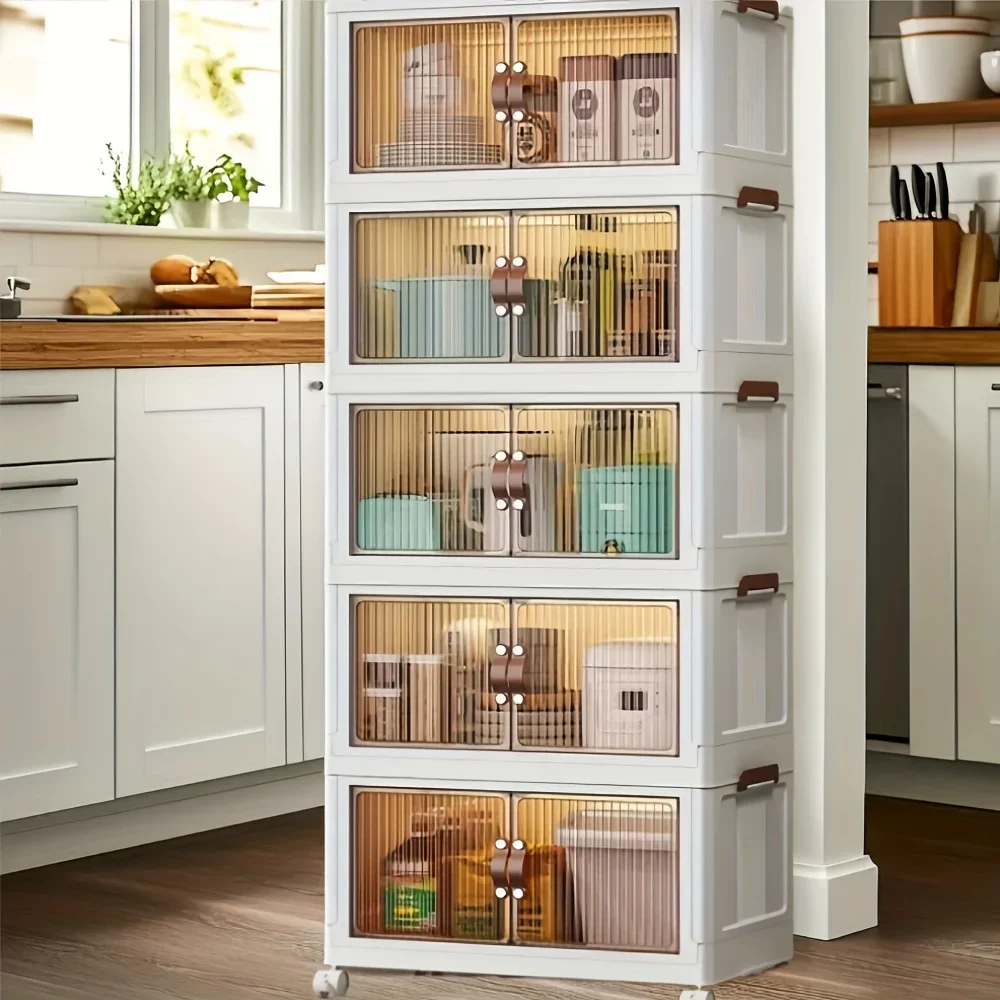 5-Tier Stackable Plastic Storage Cabinet Set with Doors & Wheels - Large Capacity, Foldable Space-Saving, Easy Assembly