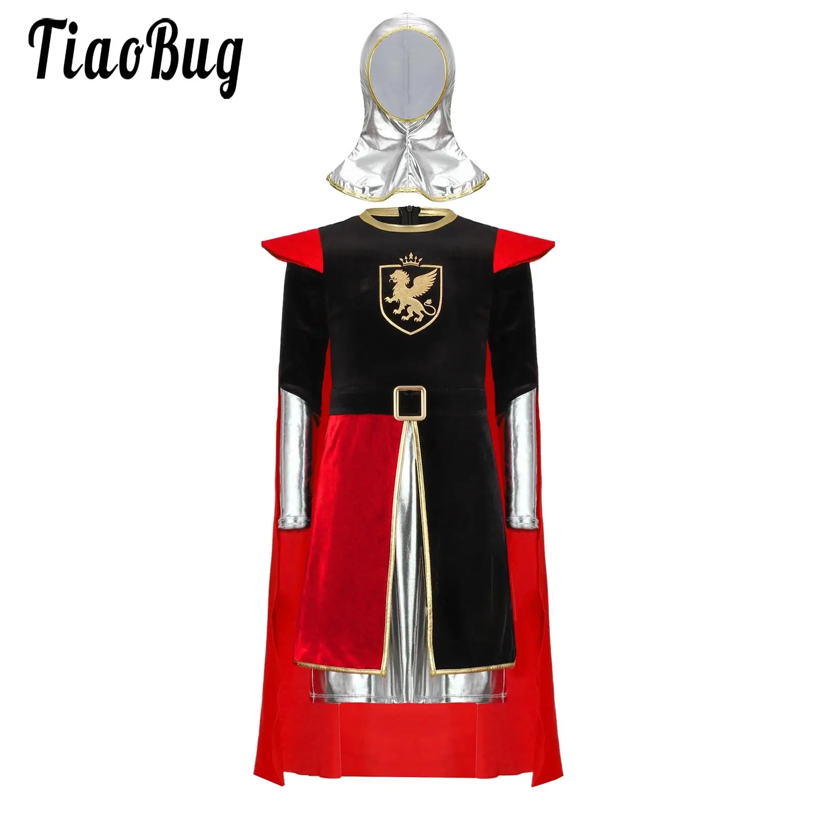 

Halloween Boys Knight Costume Cosplay Fancy Dress Up Set Long Sleeve Metallic Patchwork Zipper Robe with Cape and Coif Outfit