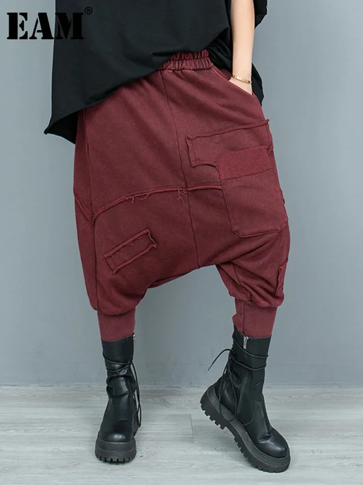 

[EAM] High Elastic Waist Wine Red Pocket Casual Long Cross Pants New Trousers Women Fashion Tide Spring Autumn 2024 1DH6430