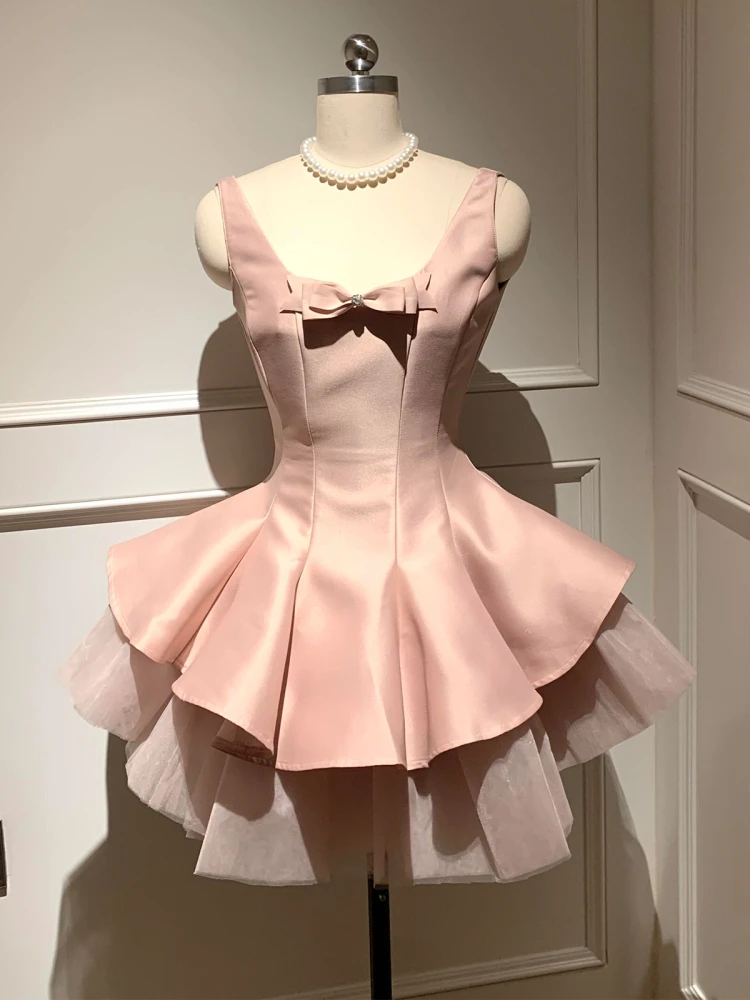 

Light Luxury Pink Ballet Banquet Dress For Girls A-line Slip Short Graduation Dresses Sweet Satin Tulle Patchwork Prom Gown