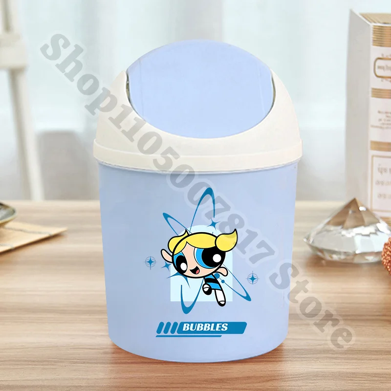 Kawaii The Powerpuffs Girls Mini Plastic Trash Can Cartoon Cute Dustbin Anime Portable Waste Bin Creative Desktop Ornament Gifts