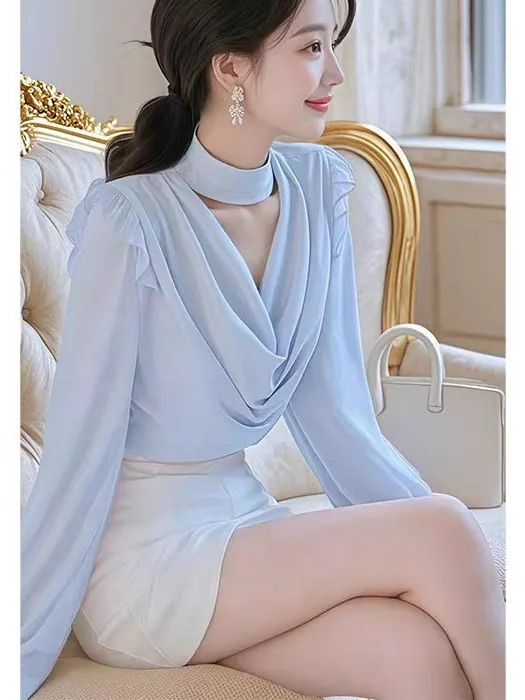 

Ele Blue irt Women's Faion Summer 2025 Svel Stand Collar Long Sve Ladylike Sle Polyester Fiber Casual Wear