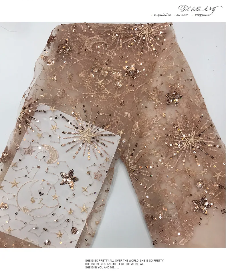 Stars Moon Sequin Gauze Lace Fabric Dress Sheer Sequin Dress Fashion Designer Fabric
